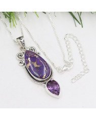 Purple Copper Turquoise & Amethyst Pendant Necklace | 925 Sterling Silver Boho Jewelry