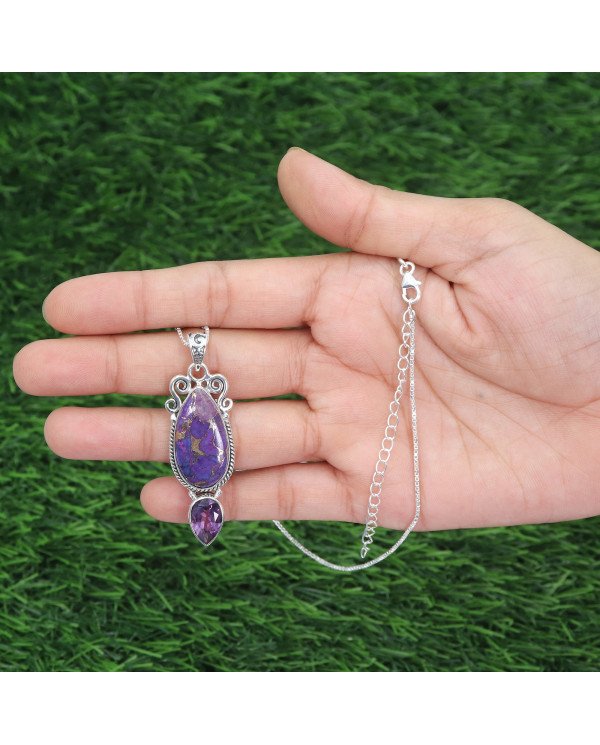 Purple Copper Turquoise & Amethyst Pendant Necklace | 925 Sterling Silver Boho Jewelry