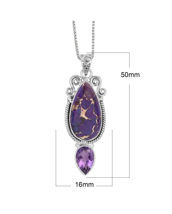 Purple Copper Turquoise & Amethyst Pendant Necklace | 925 Sterling Silver Boho Jewelry