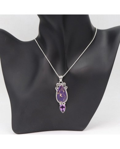 Purple Copper Turquoise & Amethyst Pendant Necklace | 925 Sterling Silver Boho Jewelry