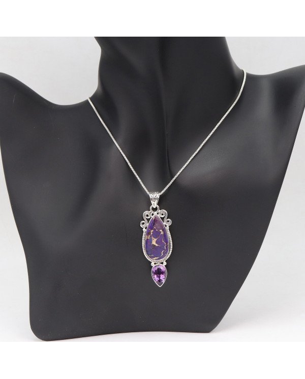 Purple Copper Turquoise & Amethyst Pendant Necklace | 925 Sterling Silver Boho Jewelry