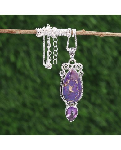 Purple Copper Turquoise & Amethyst Pendant Necklace | 925 Sterling Silver Boho Jewelry