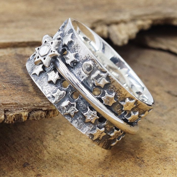 925 Sterling Silver Star Spinner Ring, Handmade Fidget & Meditation Band