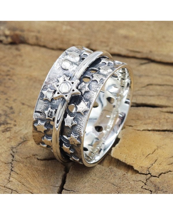 925 Sterling Silver Star Spinner Ring, Handmade Fidget & Meditation Band