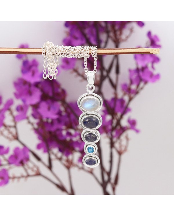 925 Silver Multi-Gemstone Pendant: Moonstone, Lapis & Swiss Blue Topaz