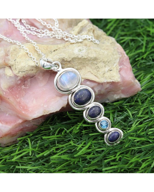 925 Silver Multi-Gemstone Pendant: Moonstone, Lapis & Swiss Blue Topaz