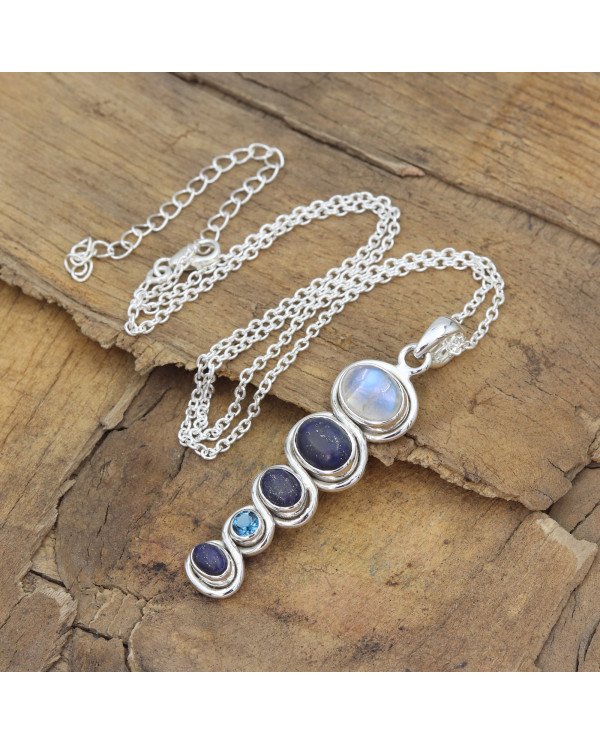 925 Silver Multi-Gemstone Pendant: Moonstone, Lapis & Swiss Blue Topaz