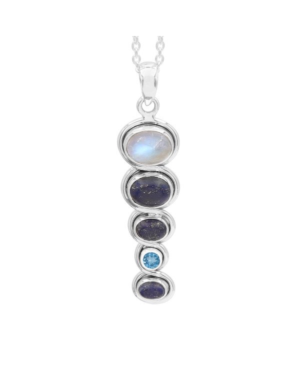 925 Silver Multi-Gemstone Pendant: Moonstone, Lapis & Swiss Blue Topaz