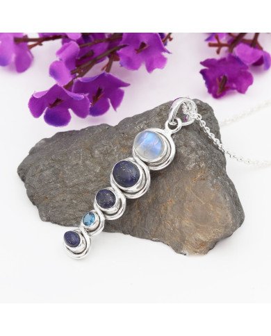 925 Silver Multi-Gemstone Pendant: Moonstone, Lapis & Swiss Blue Topaz