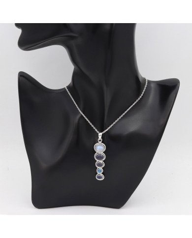 925 Silver Multi-Gemstone Pendant: Moonstone, Lapis & Swiss Blue Topaz