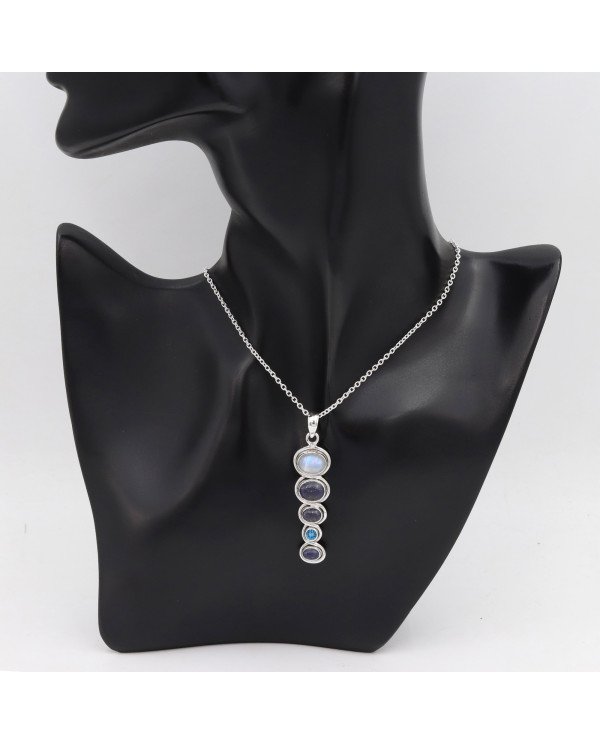 925 Silver Multi-Gemstone Pendant: Moonstone, Lapis & Swiss Blue Topaz