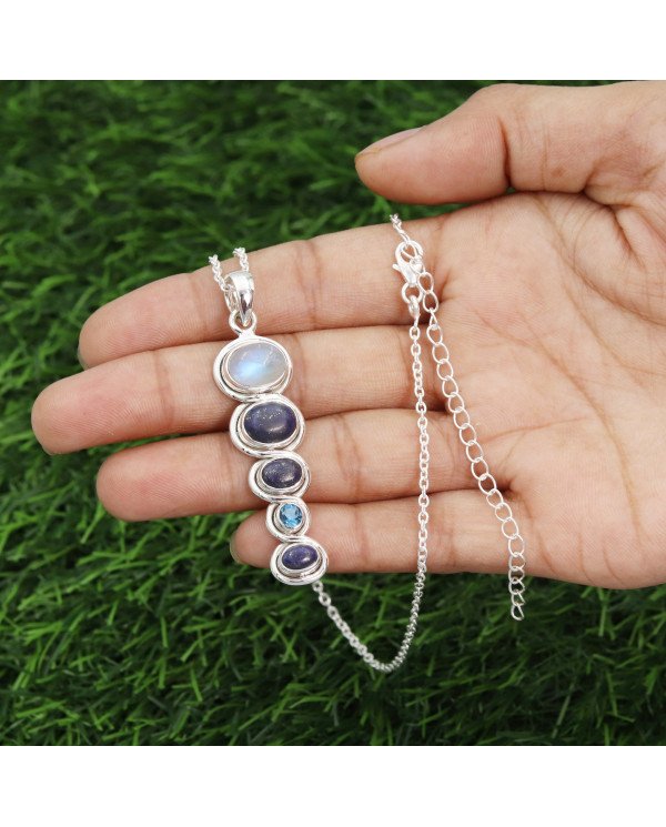 925 Silver Multi-Gemstone Pendant: Moonstone, Lapis & Swiss Blue Topaz