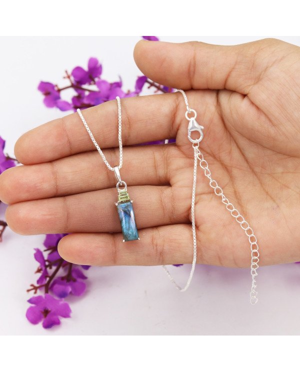 Labradorite & Peridot Pendant Necklace, 925 Sterling Silver Jewelry