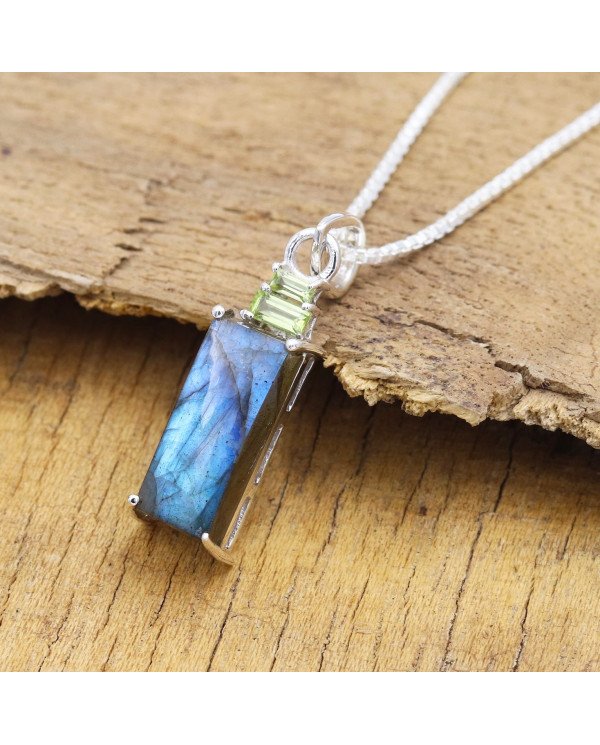 Labradorite & Peridot Pendant Necklace, 925 Sterling Silver Jewelry
