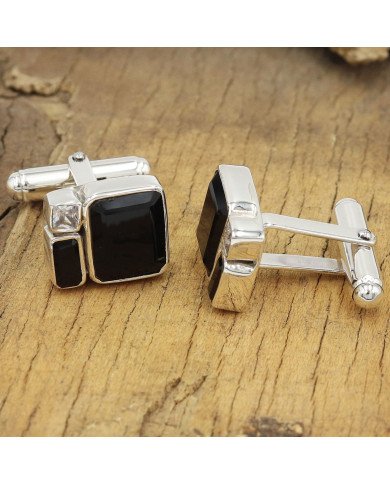 925 Sterling Silver Black Onyx Cufflinks with Swarovski Crystal for Men