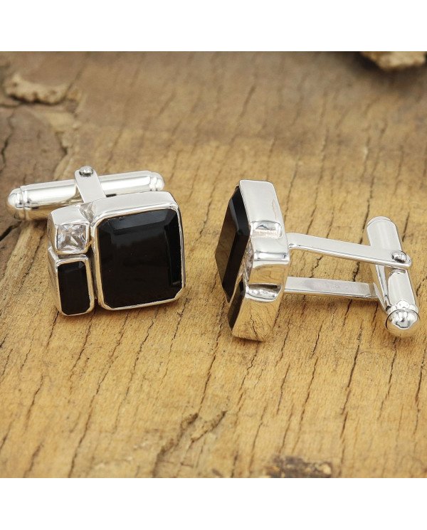 925 Sterling Silver Black Onyx Cufflinks with Swarovski Crystal for Men
