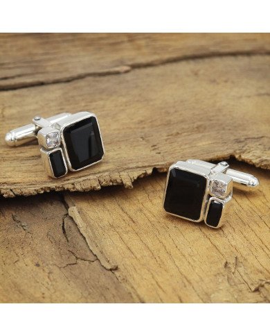 925 Sterling Silver Black Onyx Cufflinks with Swarovski Crystal for Men