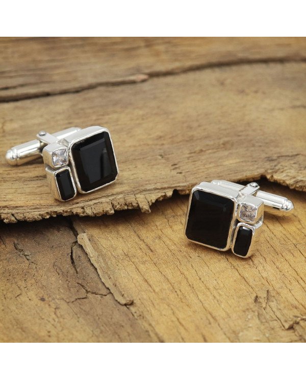 925 Sterling Silver Black Onyx Cufflinks with Swarovski Crystal for Men