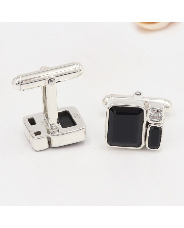 925 Sterling Silver Black Onyx Cufflinks with Swarovski Crystal for Men