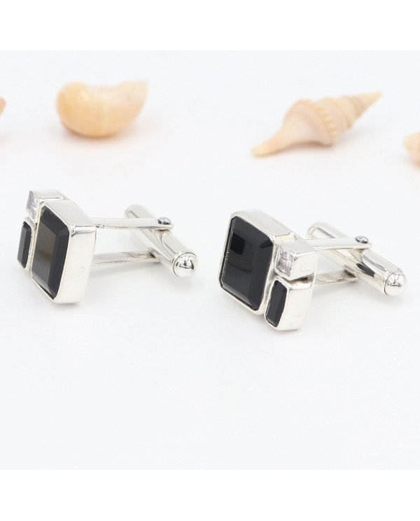 925 Sterling Silver Black Onyx Cufflinks with Swarovski Crystal for Men
