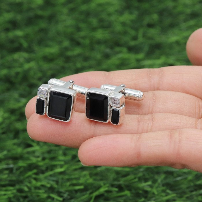 925 Sterling Silver Black Onyx Cufflinks with Swarovski Crystal for Men