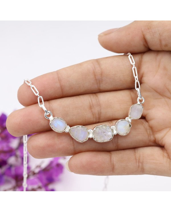 Rainbow Moonstone Necklace, 925 Sterling Silver | Raw Gemstone Jewelry