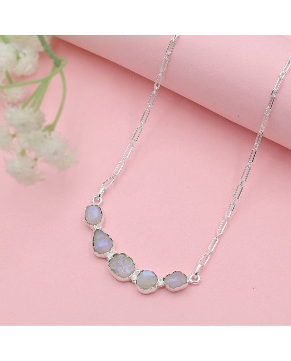 Rainbow Moonstone Necklace, 925 Sterling Silver | Raw Gemstone Jewelry