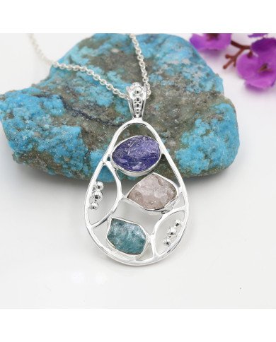 Sterling Silver Tanzanite Pendant, Apatite and Rose Quartz Gemstone Necklace