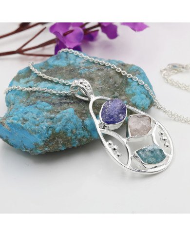 Sterling Silver Tanzanite Pendant, Apatite and Rose Quartz Gemstone Necklace