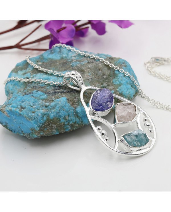 Sterling Silver Tanzanite Pendant, Apatite and Rose Quartz Gemstone Necklace