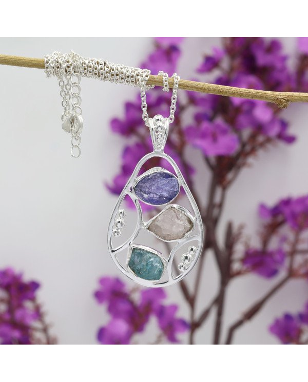Sterling Silver Tanzanite Pendant, Apatite and Rose Quartz Gemstone Necklace