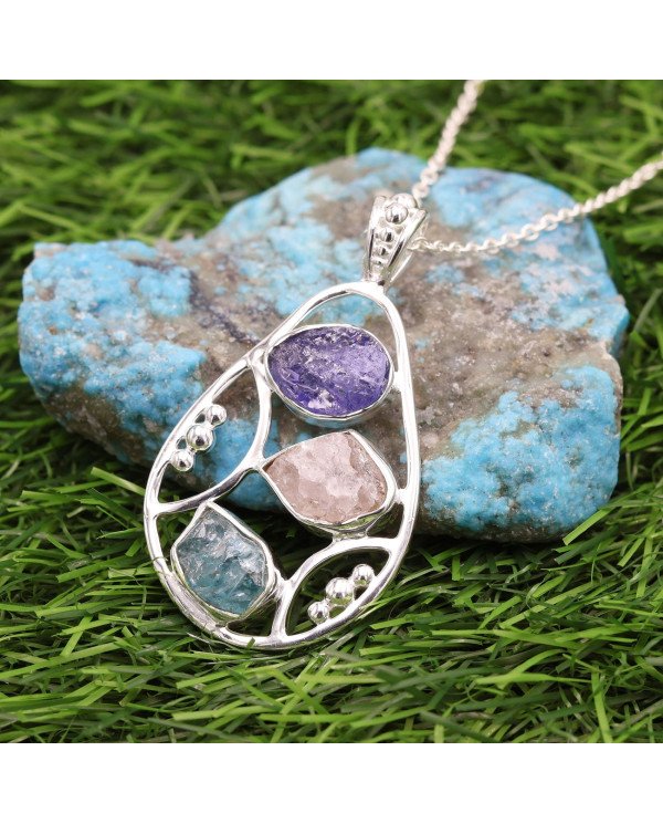 Sterling Silver Tanzanite Pendant, Apatite and Rose Quartz Gemstone Necklace