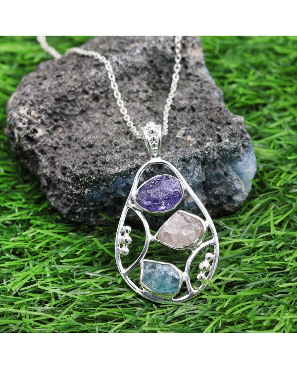 Sterling Silver Tanzanite Pendant, Apatite and Rose Quartz Gemstone Necklace