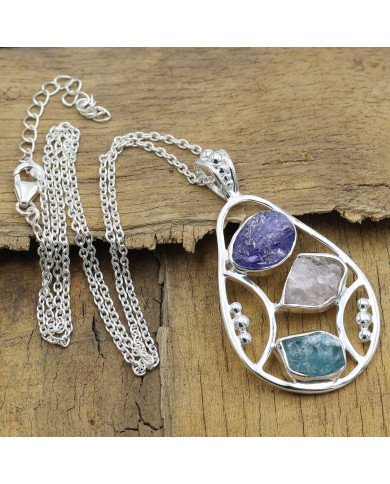 Sterling Silver Tanzanite Pendant, Apatite and Rose Quartz Gemstone Necklace
