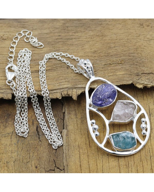 Sterling Silver Tanzanite Pendant, Apatite and Rose Quartz Gemstone Necklace