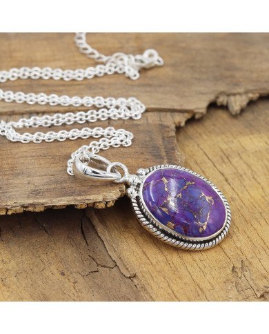 Purple Copper Turquoise Pendant Necklace in Sterling Silver Boho Jewelry