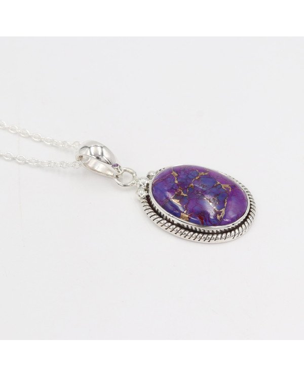 Purple Copper Turquoise Pendant Necklace in Sterling Silver Boho Jewelry