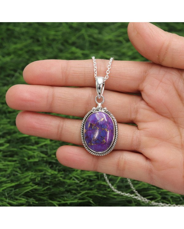 Purple Copper Turquoise Pendant Necklace in Sterling Silver Boho Jewelry