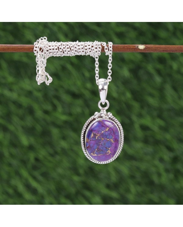 Purple Copper Turquoise Pendant Necklace in Sterling Silver Boho Jewelry