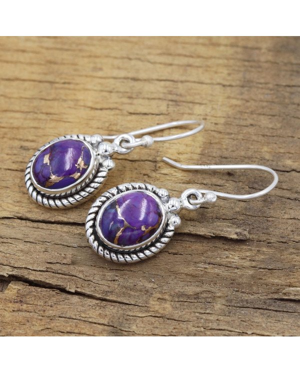 Purple Copper Turquoise Earrings 925 Sterling Silver - Boho Jewelry