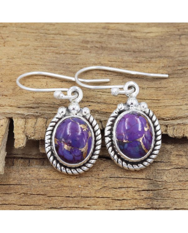 Purple Copper Turquoise Earrings 925 Sterling Silver - Boho Jewelry