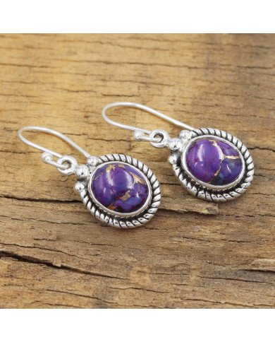 Purple Copper Turquoise Earrings 925 Sterling Silver - Boho Jewelry