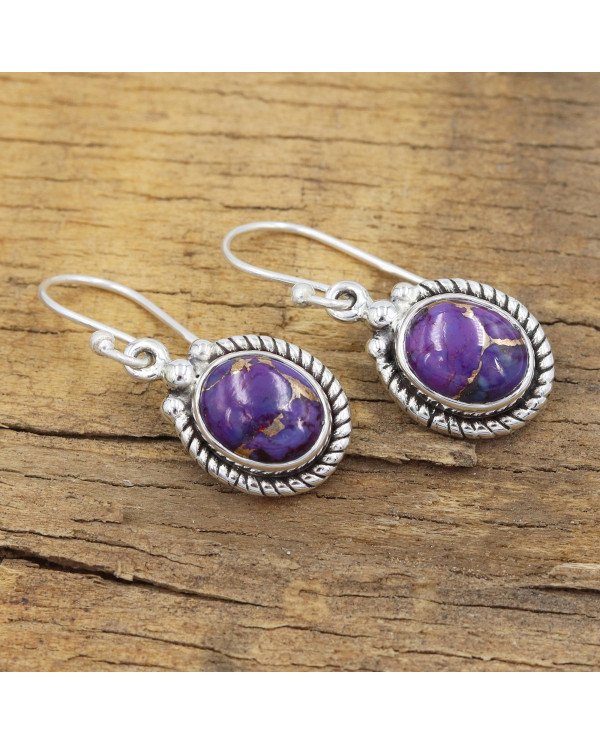 Purple Copper Turquoise Earrings 925 Sterling Silver - Boho Jewelry