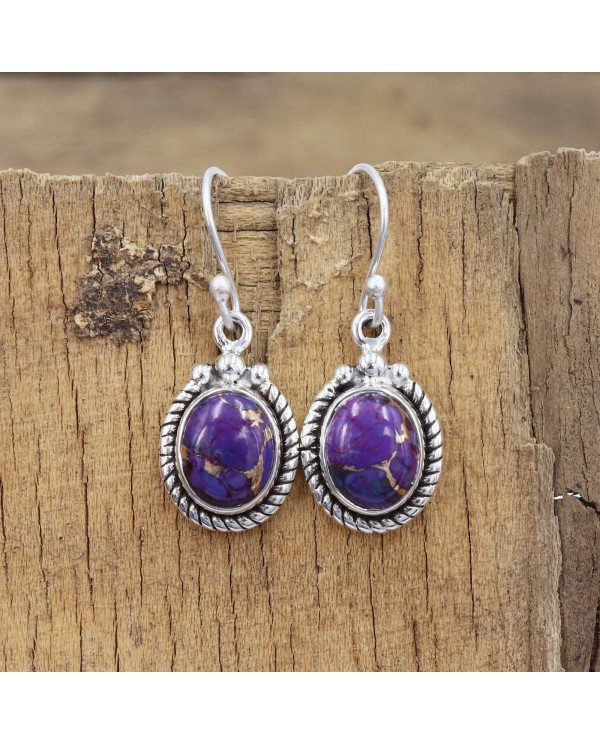 Purple Copper Turquoise Earrings 925 Sterling Silver - Boho Jewelry