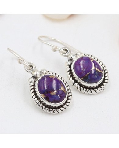 Purple Copper Turquoise Earrings 925 Sterling Silver - Boho Jewelry