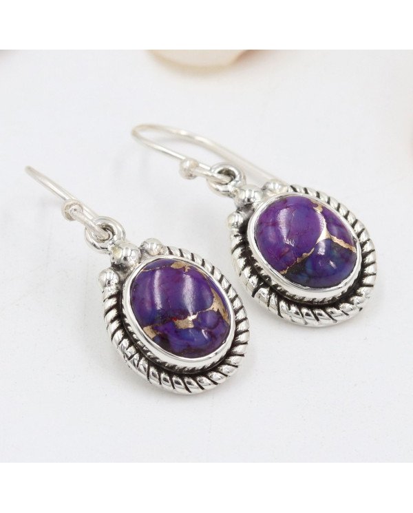 Purple Copper Turquoise Earrings 925 Sterling Silver - Boho Jewelry