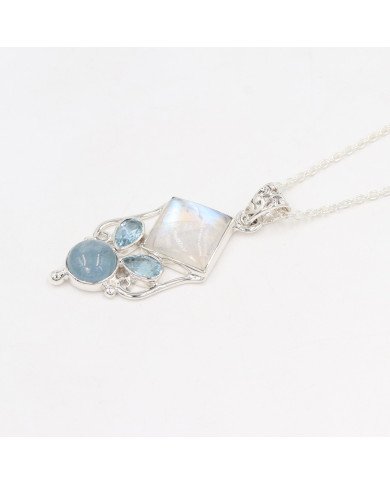 925 Sterling Silver Moonstone, Aquamarine & Sky Blue Topaz Gemstone Pendant