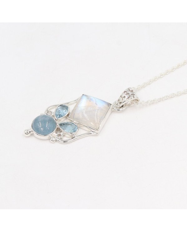 925 Sterling Silver Moonstone, Aquamarine & Sky Blue Topaz Gemstone Pendant