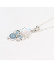 925 Sterling Silver Moonstone, Aquamarine & Sky Blue Topaz Gemstone Pendant