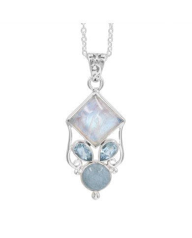 925 Sterling Silver Moonstone, Aquamarine & Sky Blue Topaz Gemstone Pendant